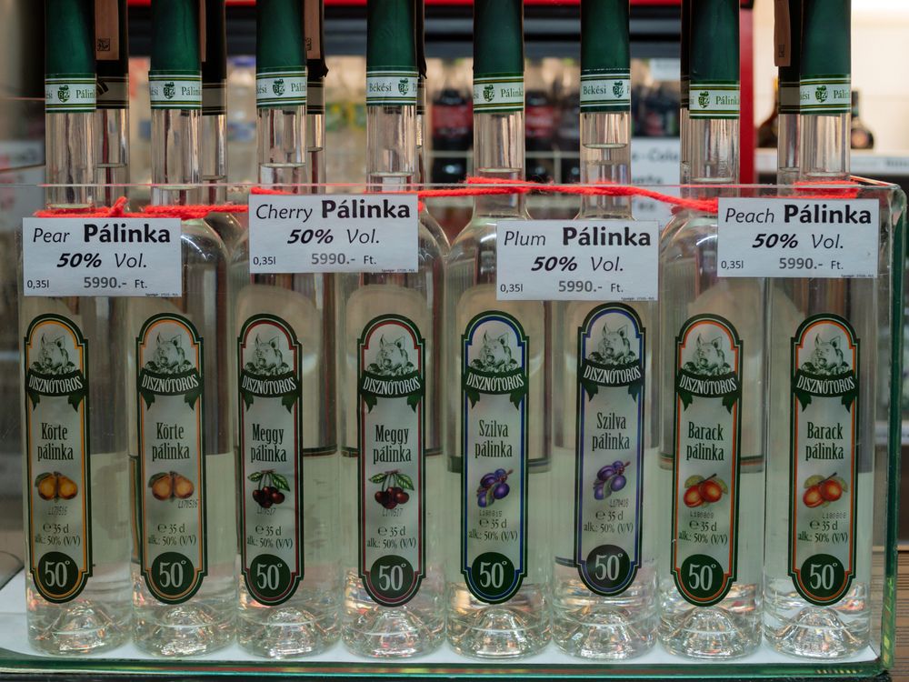 Various types of Palinka brandy on display