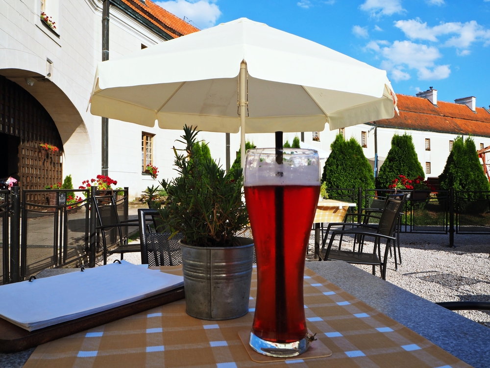 An outdoor beer in Poland with fruit syrup added