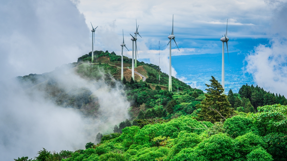 Wind turbines on top of mountain in Santa Ana, Costa Rica