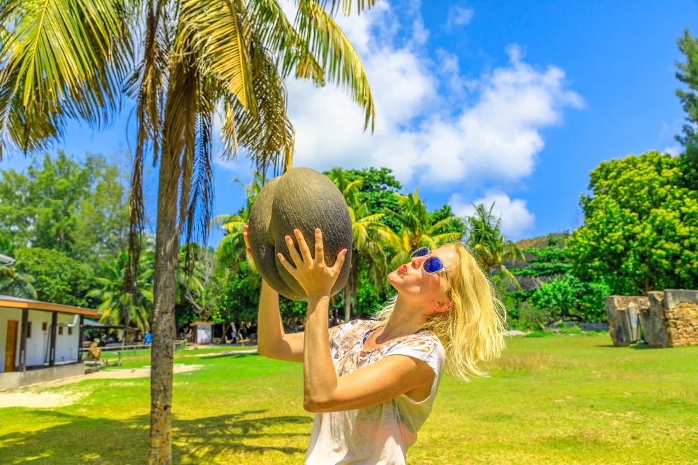 Woman holding coco de mer seed