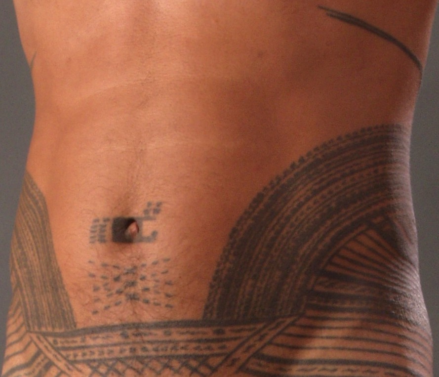 Detail of front shot of traditional Samoan tattoo