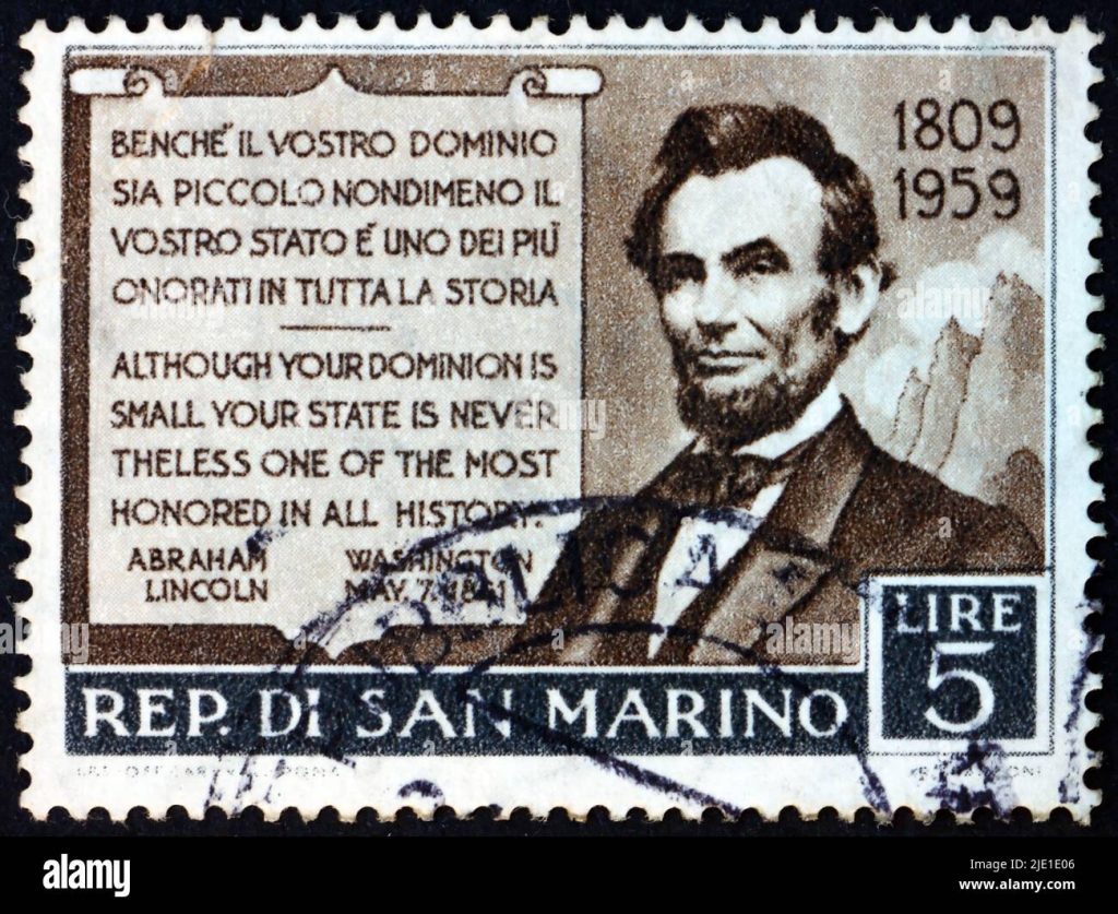 san marino circa 1959 a stamp printed in san marino shows abraham lincoln and his praise of san marino circa 1959 2JE1E06