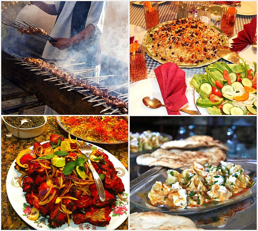 Some of the popular Afghan dishes, from left to right: 1. Lamb grilled kebab (seekh kebob); 2. Afghan palao and salad; 3. Tandoori chicken; and 4. Mantu (dumplings). 